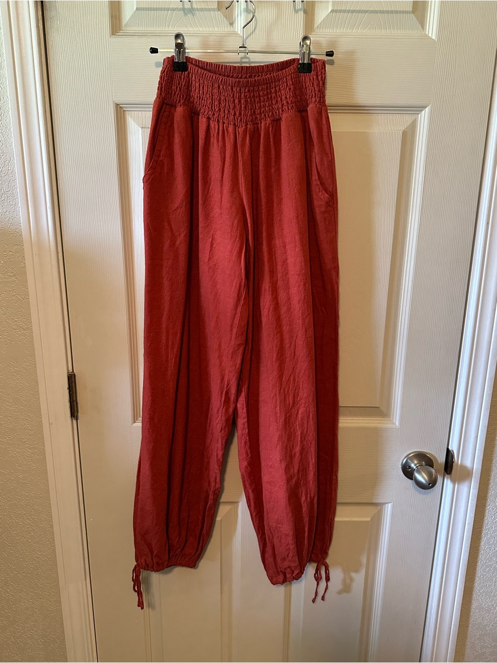 Old Navy Rust Red Smocked-Waist Linen Jogger Pants with ankle drawstrings